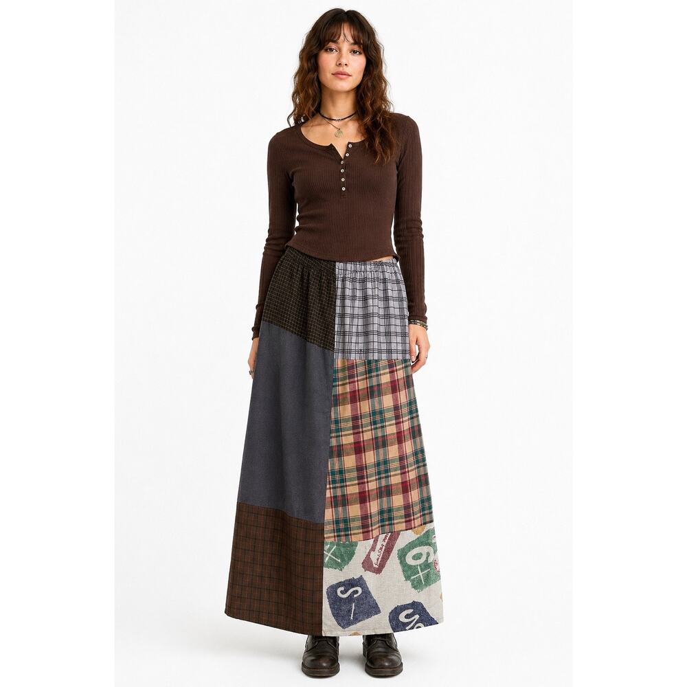 1990s Patchwork Plaid Flannel Maxi Skirt Grunge Cottagecore Medium